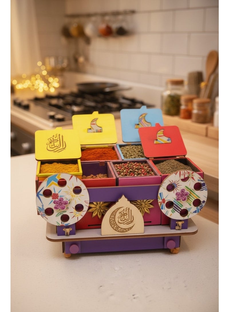 منظم توابل خشبي أنيق لرمضان، مزود بأربعة برطمانات، لتخزين التوابل على سطح المطبخ، ورف توابل أعشاب مزخرف. - Image 1